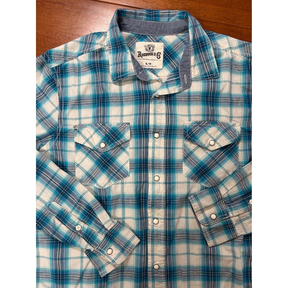 Roebuck & Co Button Down Shirt Mens L Blue Plaid Pearl Snap Western Long Sleeve